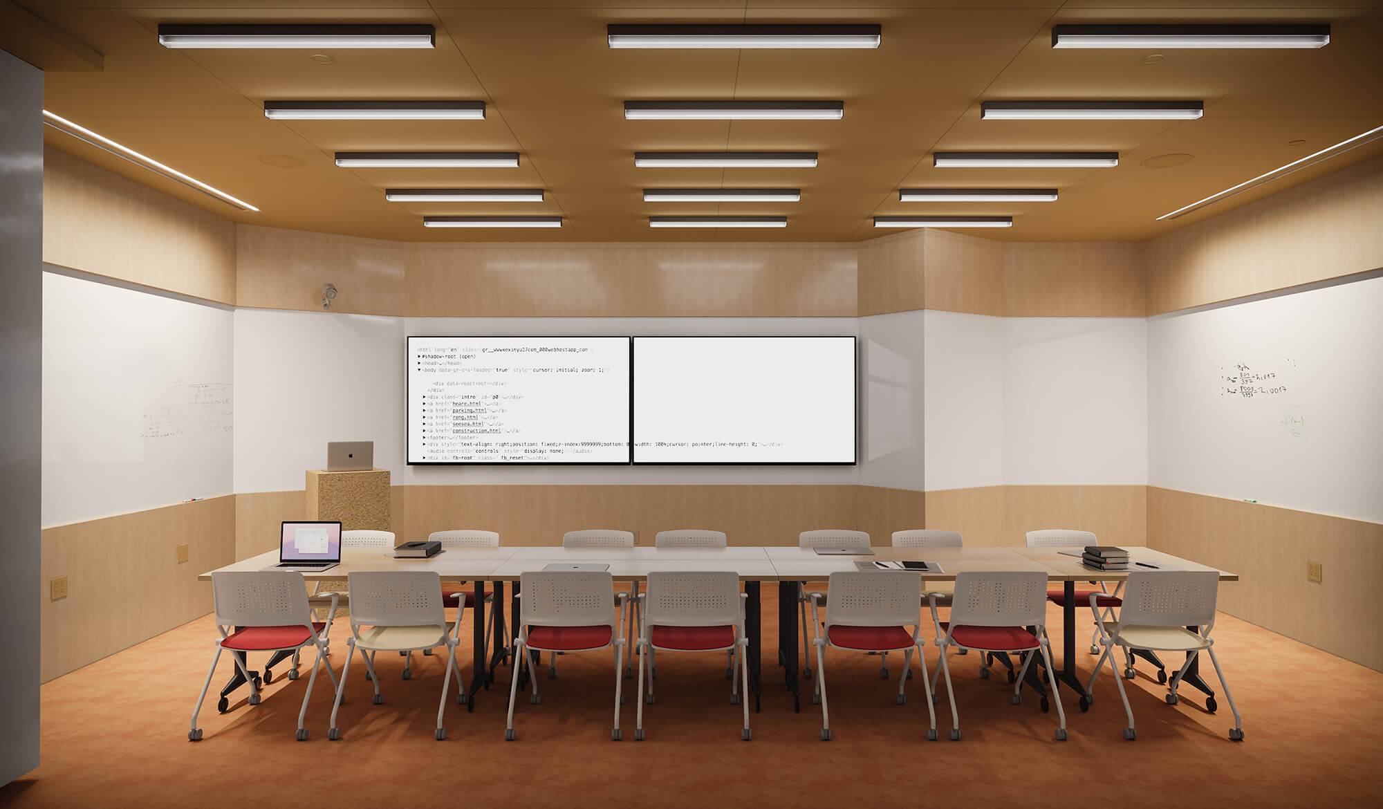 A modern classroom featuring a large table surrounded by chairs, a whiteboard, and two screens displaying computer code. The room has a bright ceiling with recessed lighting and a wooden interior.